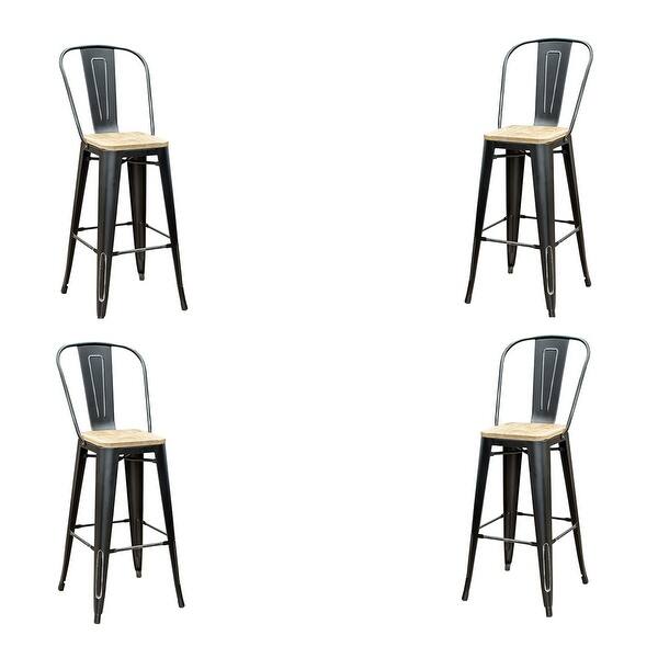 Black Metal High Back Stool with Wood Seat 26" (Set of 4) 41''H (SH